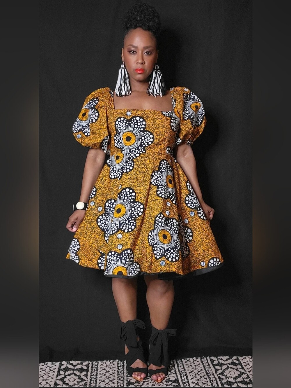 GRASS FIELDS African Print Ethnic Fit And Flare Puff-Sleeve Dress US10